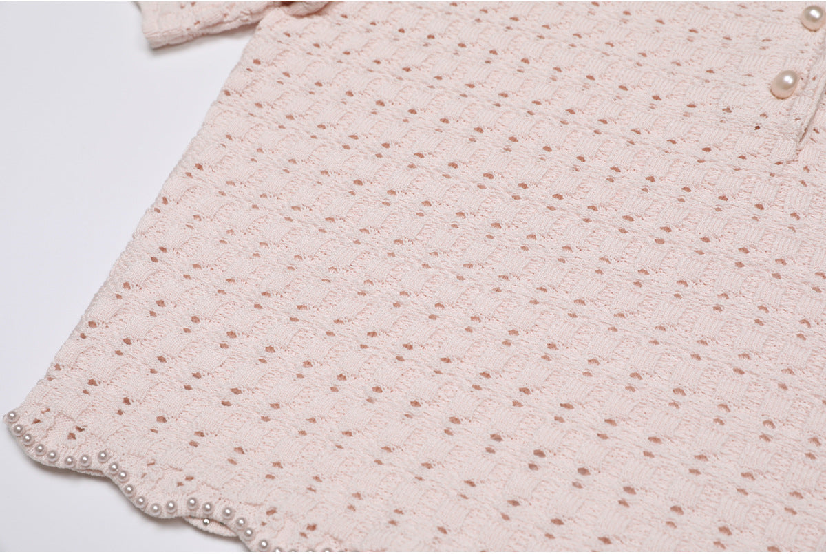 25ss Fashionable pearl short-sleeved knitted suit dress