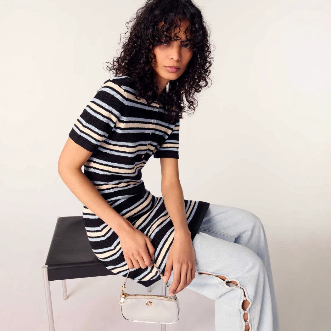 25ss French retro striped polo-neck knitted dress