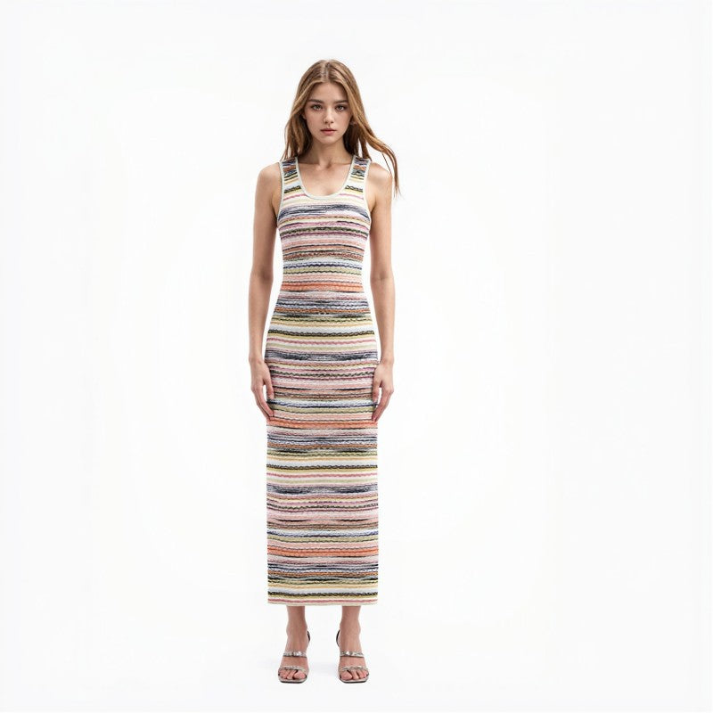 25ss Elegant and ladylike sleeveless striped knitted dress