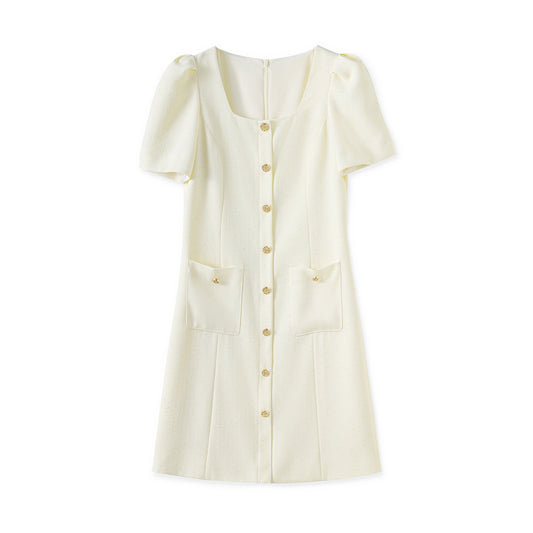 25ss Xiaoxiang-style square cinched-waist dress