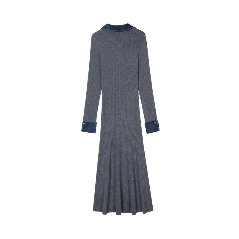 25ss Autumn and winter Polo collar denim patchwork wool dress