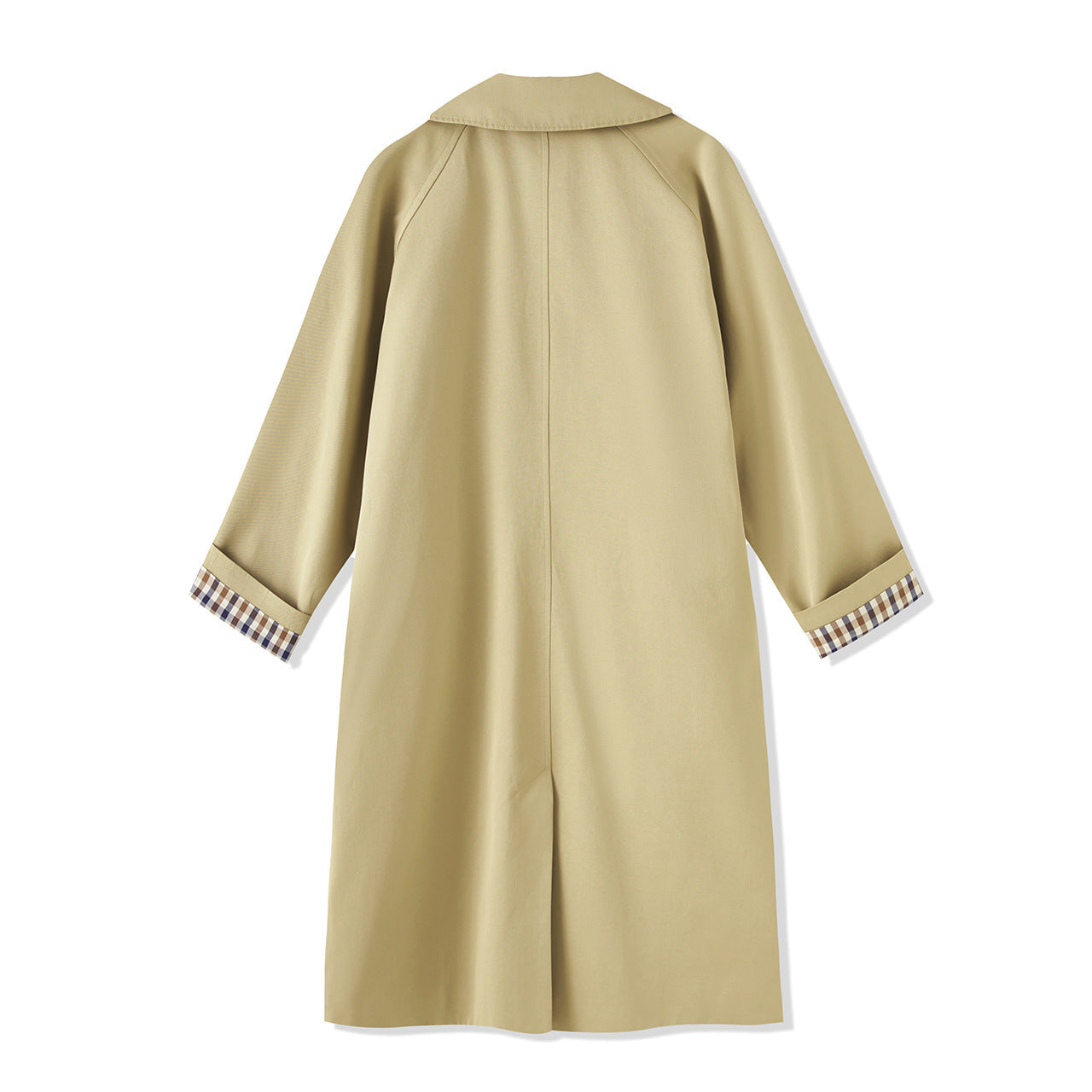 25ss A long, loose coat with a British check patchwork lapel