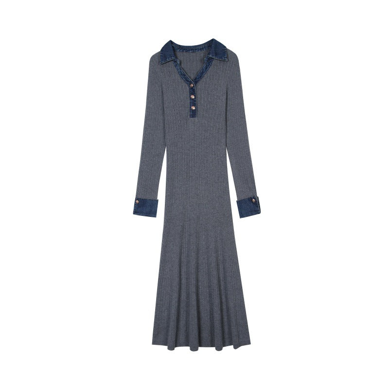 25ss Autumn and winter Polo collar denim patchwork wool dress