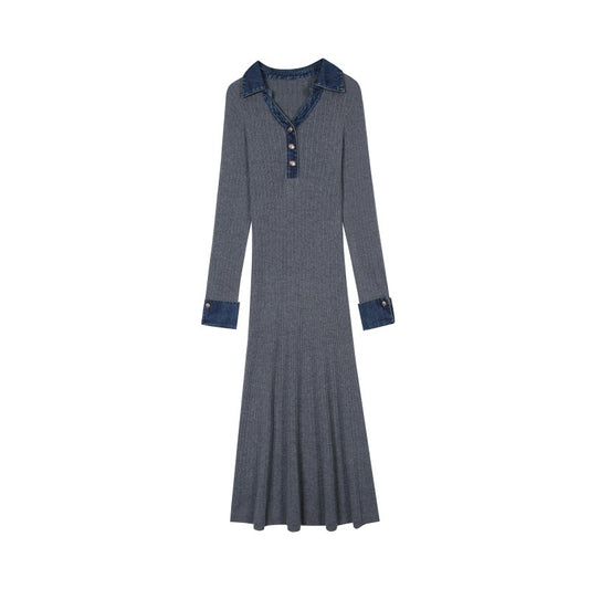 25ss Autumn and winter Polo collar denim patchwork wool dress