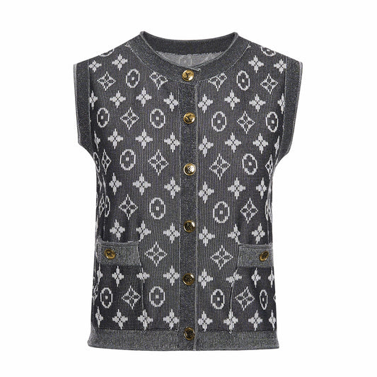 25ss Retro monograph printed knitted cardigan vest