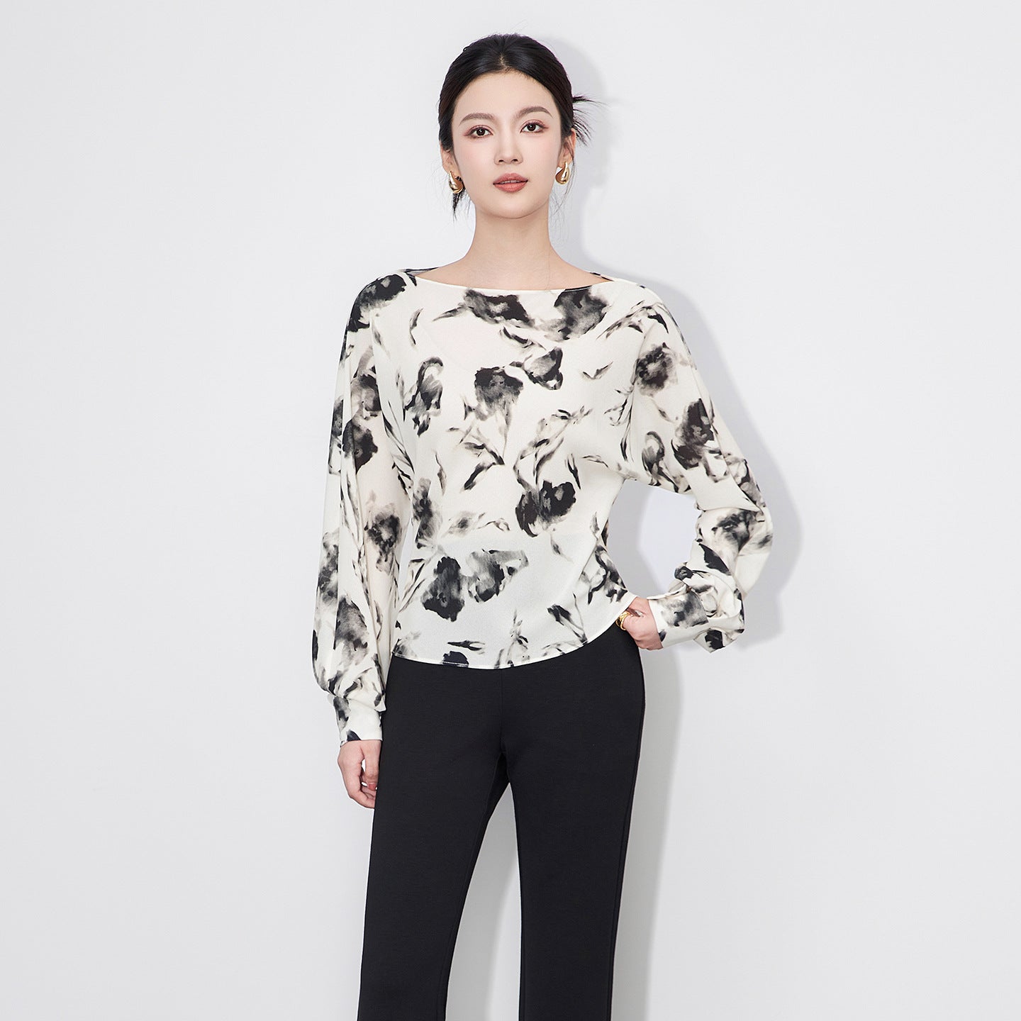 25ss Early autumn chiffon printed one-shoulder top