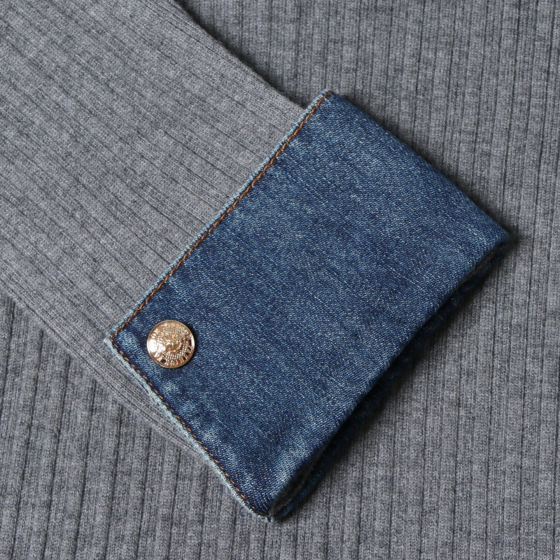 25ss Autumn and winter Polo collar denim patchwork wool dress
