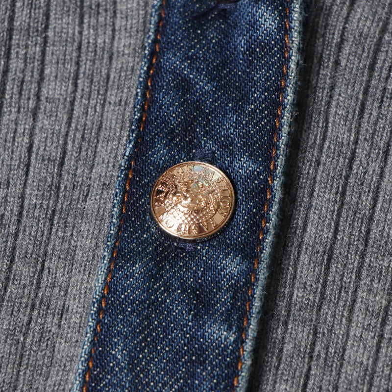 25ss Autumn and winter Polo collar denim patchwork wool dress