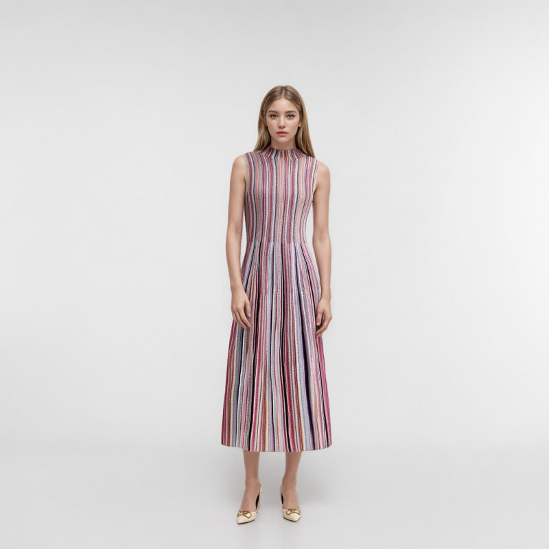 25SS Elegant lady's round-neck striped knitted dress