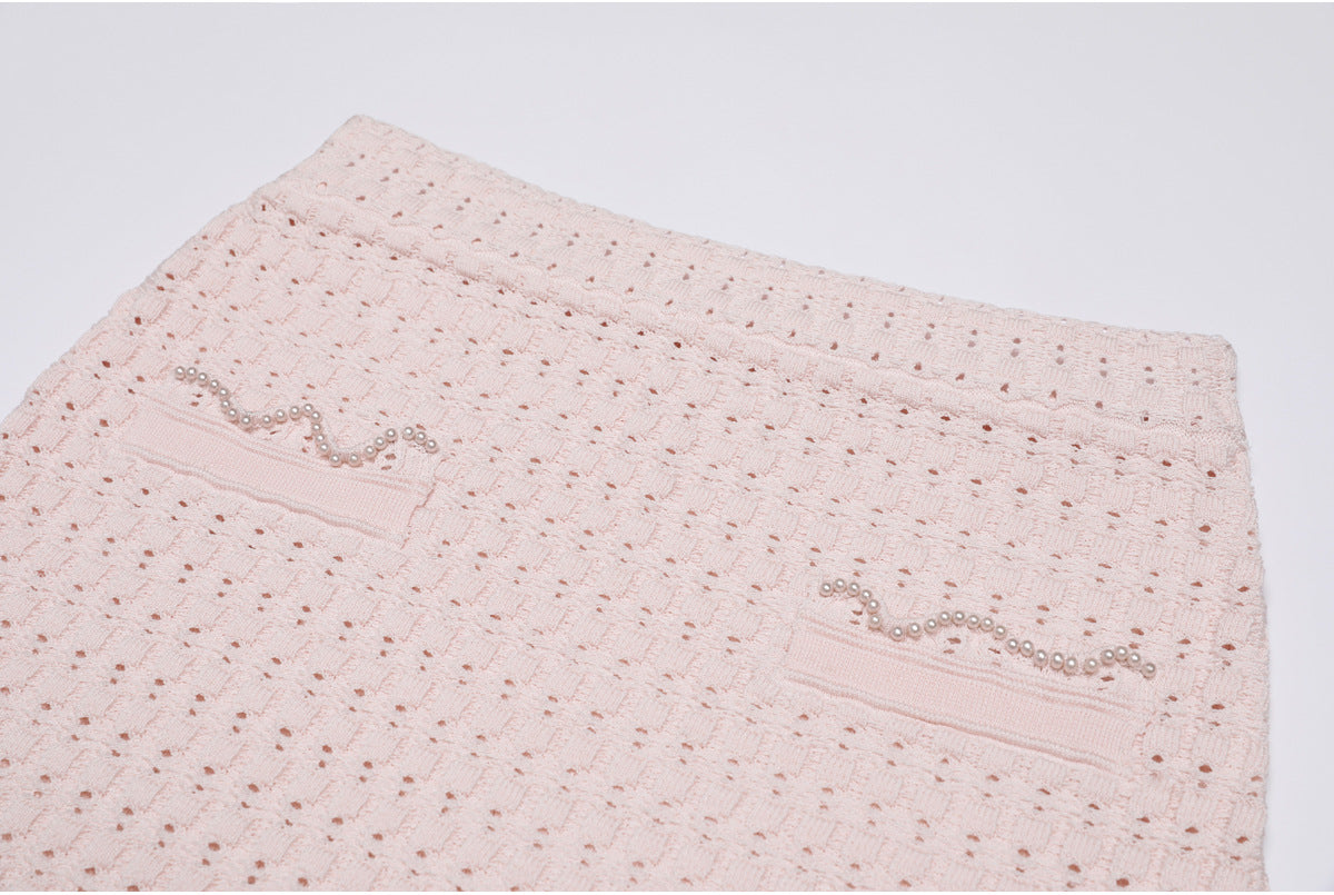 25ss Fashionable pearl short-sleeved knitted suit dress