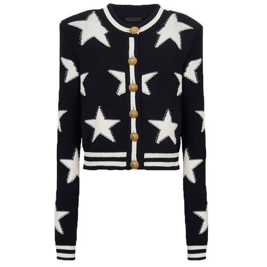 A chanel-style shoulder-padded knitted cardigan