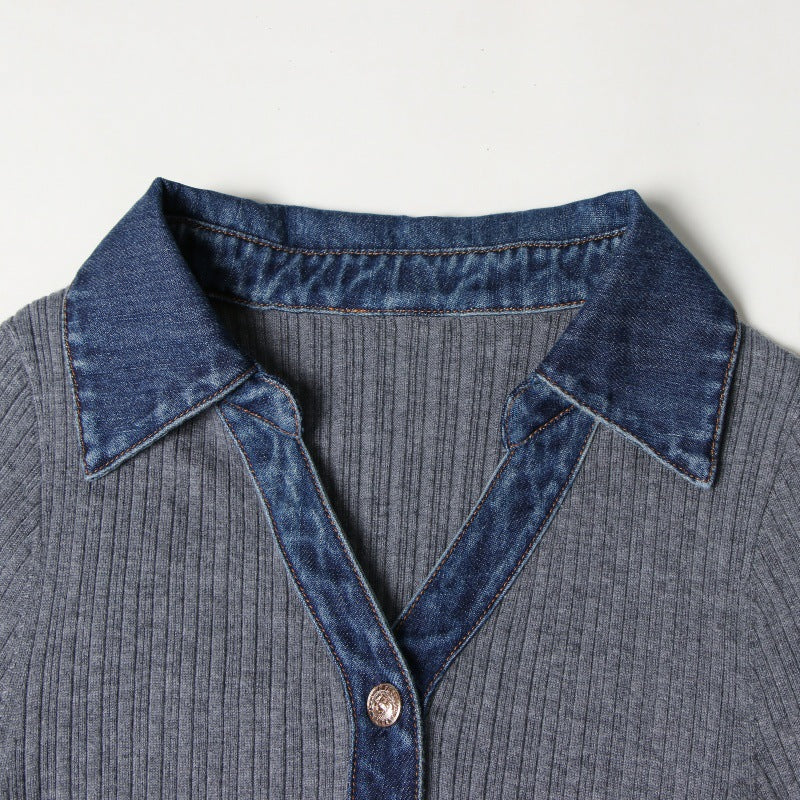 25ss Autumn and winter Polo collar denim patchwork wool dress