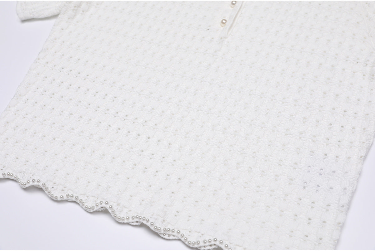 25ss Fashionable pearl short-sleeved knitted suit dress