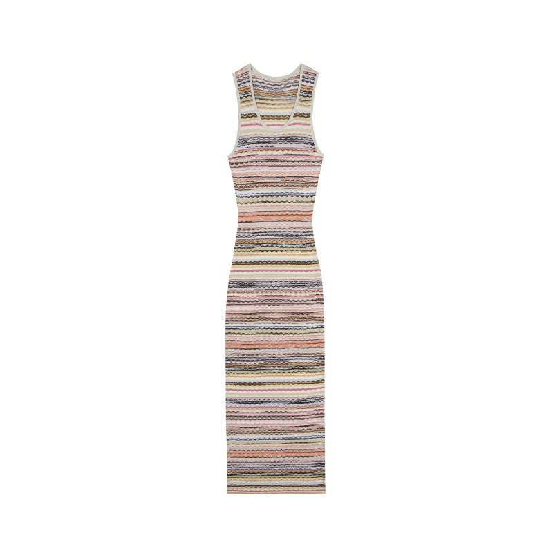 25ss Elegant and ladylike sleeveless striped knitted dress