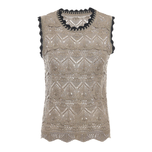 25ss French design style knitted hollowed-out crochet vest linen top