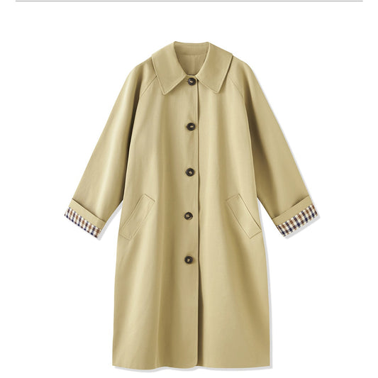 25ss A long, loose coat with a British check patchwork lapel