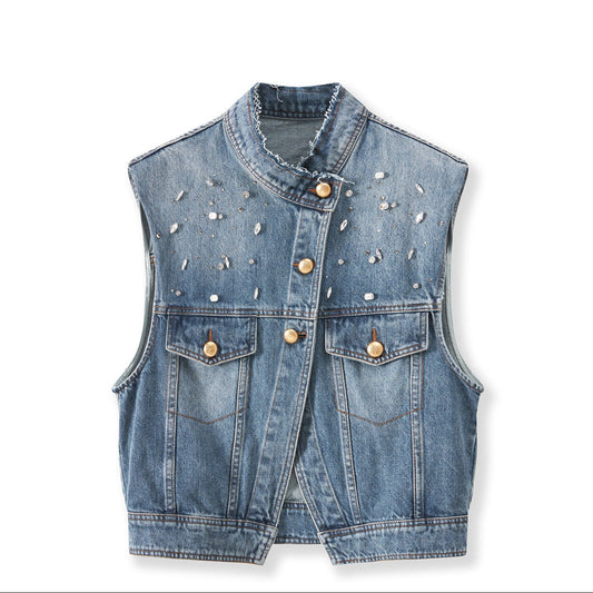 25ss A light luxury hand-stitched diamond denim vest jacket