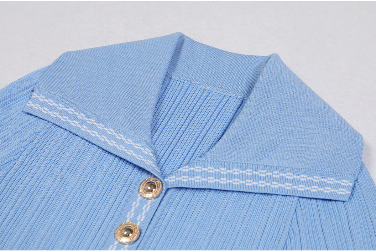 25ss Short-sleeved lapel knitted slimming dress