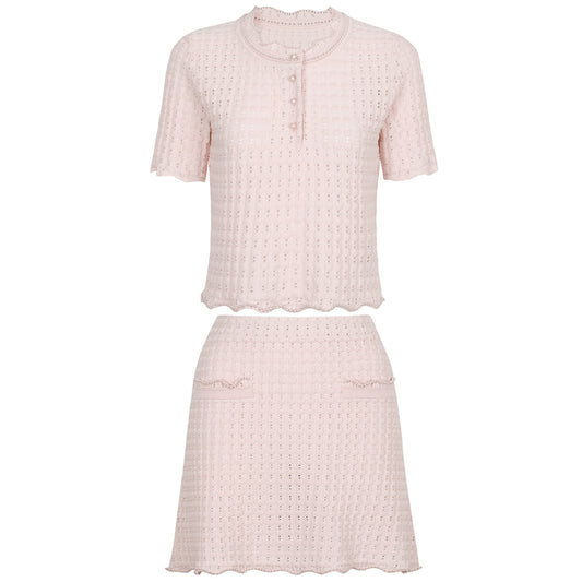 25ss Fashionable pearl short-sleeved knitted suit dress