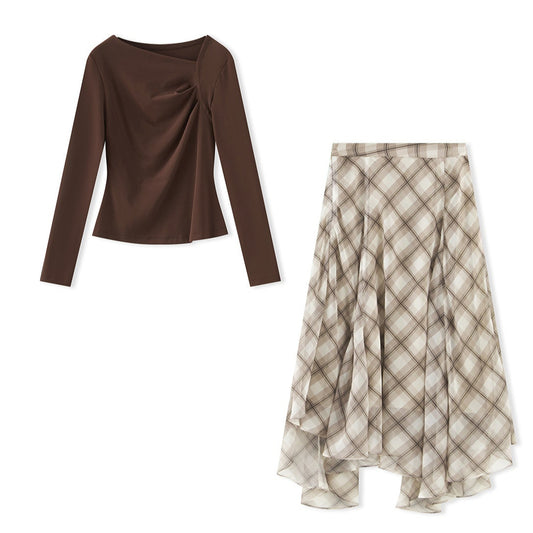 25ss Autumn off-the-shoulder knitted sweater set skirt