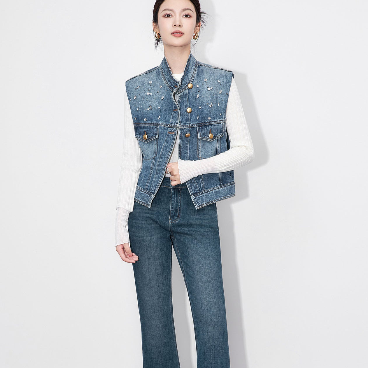 25ss A light luxury hand-stitched diamond denim vest jacket