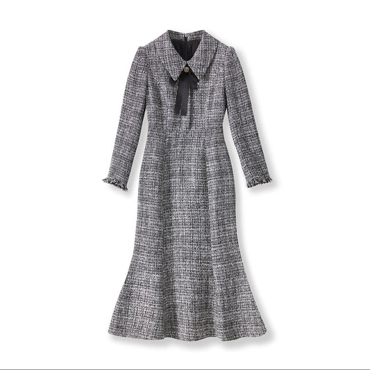 25ss Xiaoxiangqian gold style tweed fishtail dress