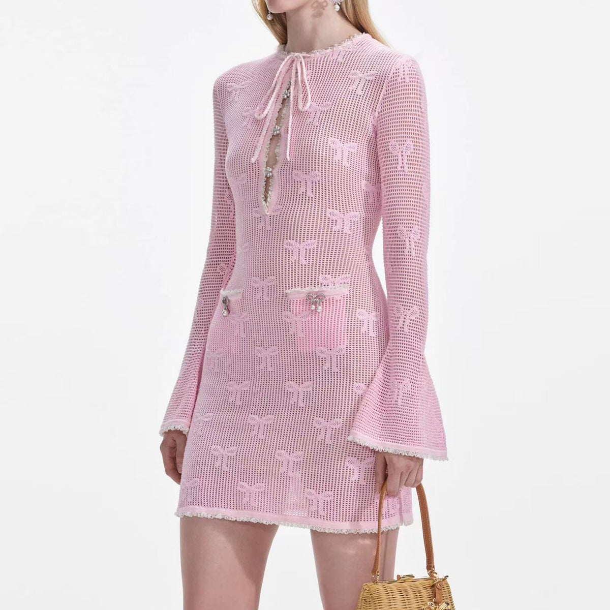 25ss Autumn knitted cut-out embroidery dress