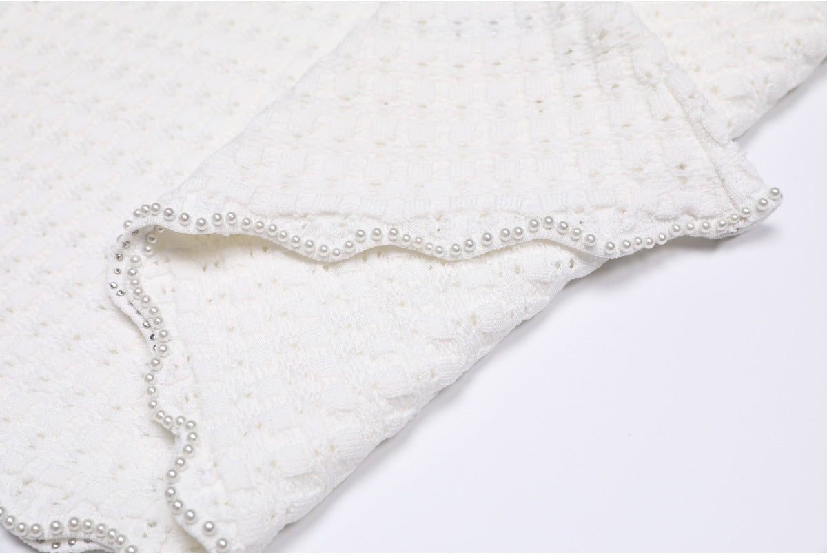 25ss Fashionable pearl short-sleeved knitted suit dress
